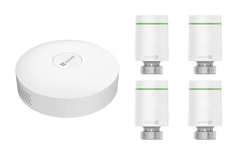Kit Gateway A3 si 4 termostate inteligente T55 Ezviz, protocol Zigbee, control aplicatie, CS-4T55-A3