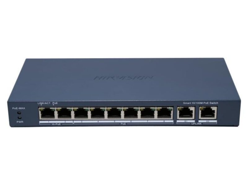 Switch PoE smart Hikvision DS-3E1310HP-EI(B), 8xFast Ethernet PoE, 2xGigabit uplink, 110W, PoE 300m, protectie supratensiune 6kV